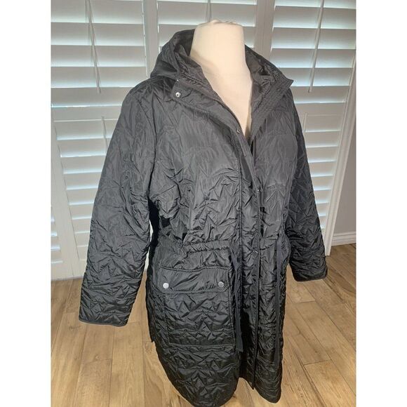Avec Les Filles Black Anorak Quilted Star Parka Coat Large Hooded Cinched Winter - Picture 8 of 12